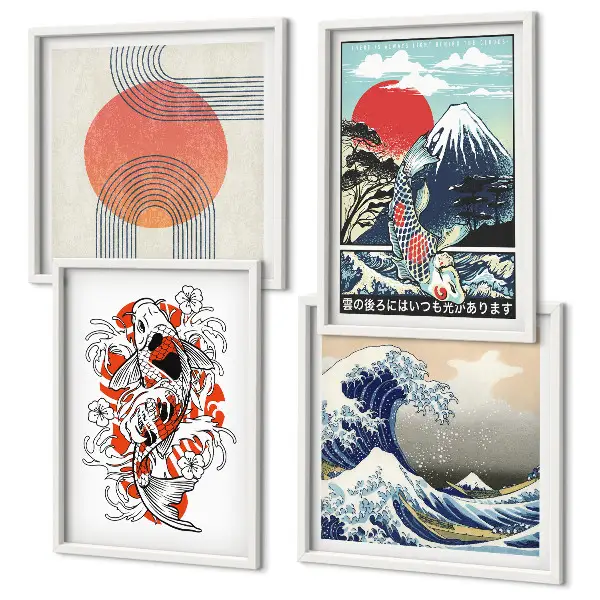 Japanese mountain and fish wave wall art set set of illustrations