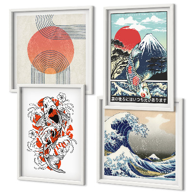 Wall art set Illustrations of mountains of fish wave Japan
