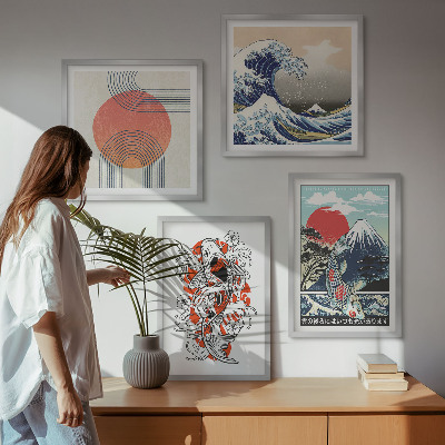 Wall art set Illustrations of mountains of fish wave Japan