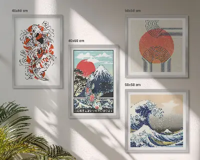Japanese mountain and fish wave wall art set set of illustrations