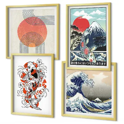 Japanese mountain and fish wave wall art set set of illustrations