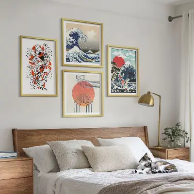 Japanese mountain and fish wave wall art set set of illustrations