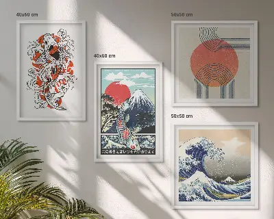 Japanese mountain and fish wave wall art set set of illustrations