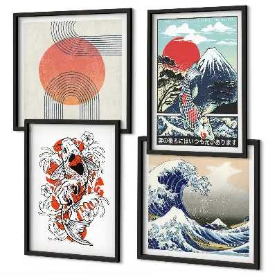 Japanese mountain and fish wave wall art set set of illustrations