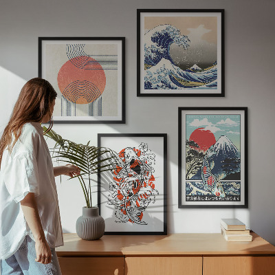 Wall art set Illustrations of mountains of fish wave Japan
