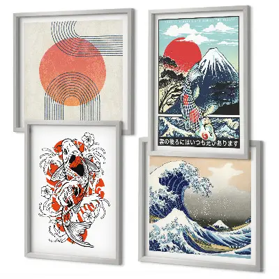 Japanese mountain and fish wave wall art set set of illustrations