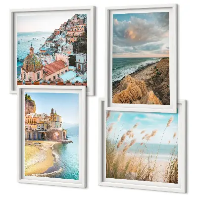 Set of 4 wall art pieces featuring landscape scenes of beaches, cities, and cliffs