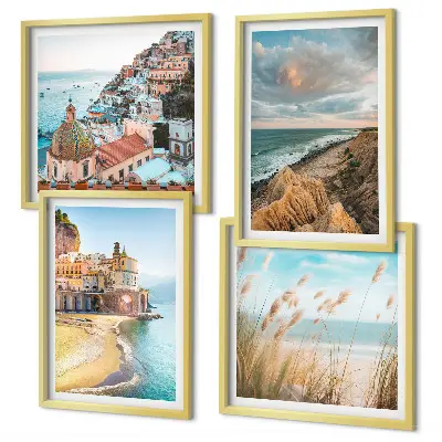 Set of 4 wall art pieces featuring landscape scenes of beaches, cities, and cliffs