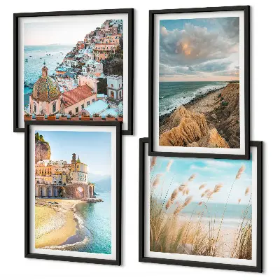 Set of 4 wall art pieces featuring landscape scenes of beaches, cities, and cliffs