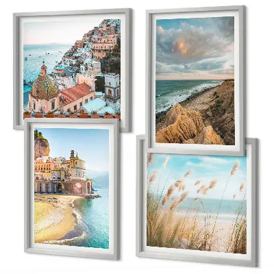 Set of 4 wall art pieces featuring landscape scenes of beaches, cities, and cliffs
