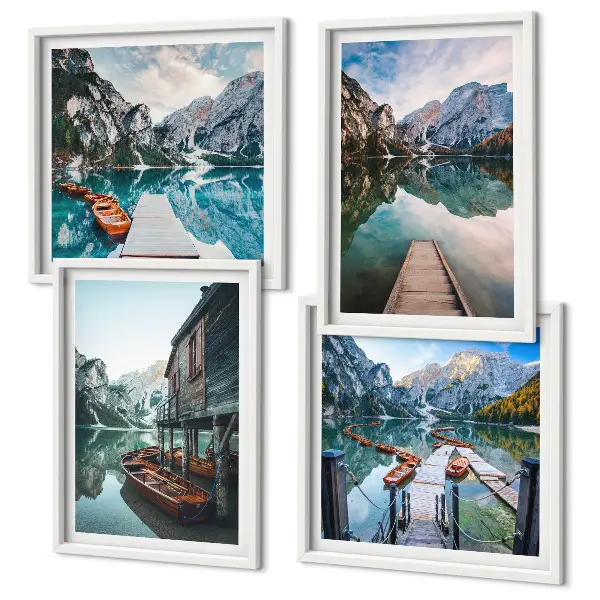 Wall art set featuring a lake with mountains and wooden boats