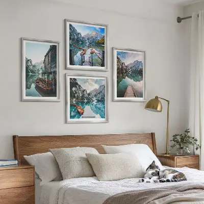 Wall art set featuring a lake with mountains and wooden boats