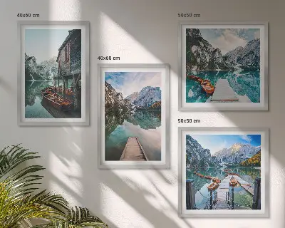 Wall art set featuring a lake with mountains and wooden boats