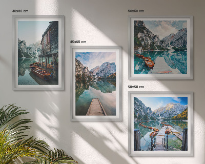 Wall art set Lake mountains wooden boats