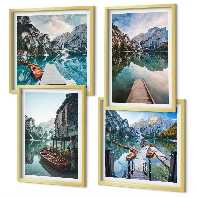 Wall art set featuring a lake with mountains and wooden boats