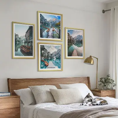 Wall art set featuring a lake with mountains and wooden boats