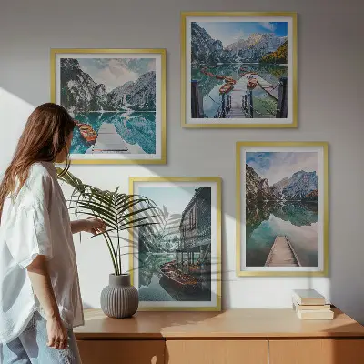 Wall art set featuring a lake with mountains and wooden boats