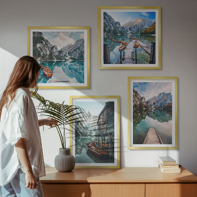 Wall art set Lake mountains wooden boats