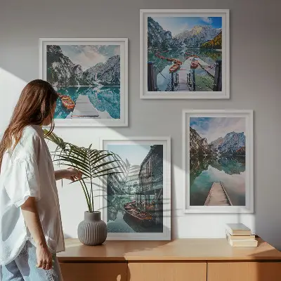 Wall art set featuring a lake with mountains and wooden boats