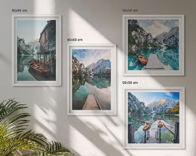 Wall art set featuring a lake with mountains and wooden boats
