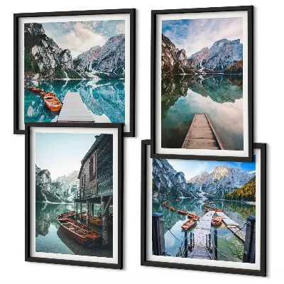 Wall art set featuring a lake with mountains and wooden boats
