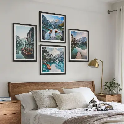Wall art set featuring a lake with mountains and wooden boats