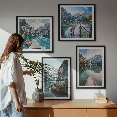 Wall art set featuring a lake with mountains and wooden boats