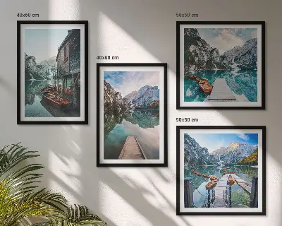 Wall art set featuring a lake with mountains and wooden boats