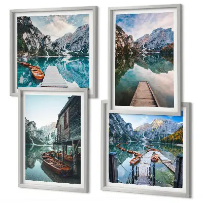 Wall art set featuring a lake with mountains and wooden boats