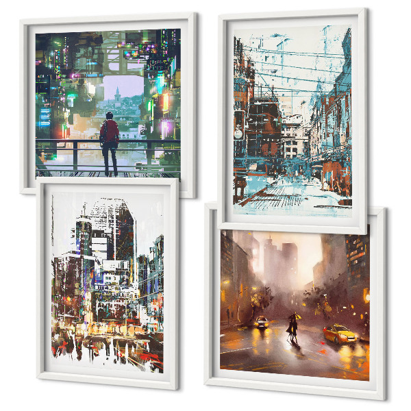 Set of 4 wall art pieces Modern colorful cities with characters
