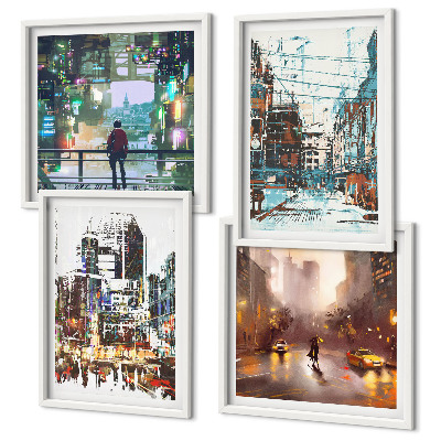 Set of 4 wall art pieces Modern colorful cities with characters