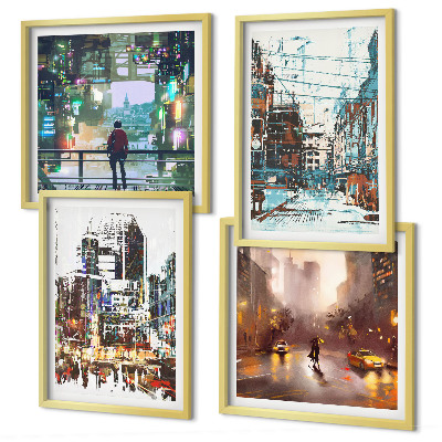 Set of 4 wall art pieces Modern colorful cities with characters