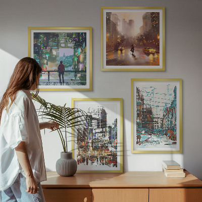 Set of 4 wall art pieces Modern colorful cities with characters