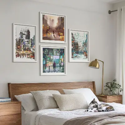 Modern colorful cities with characters wall art set of 4 pieces