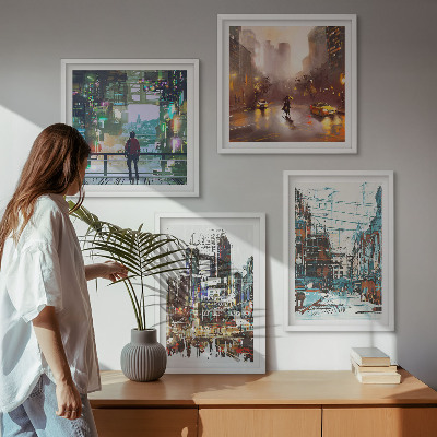 Set of 4 wall art pieces Modern colorful cities with characters