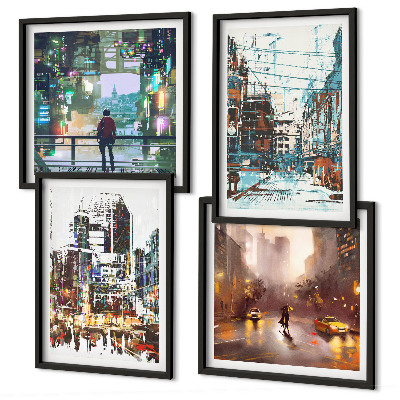 Set of 4 wall art pieces Modern colorful cities with characters