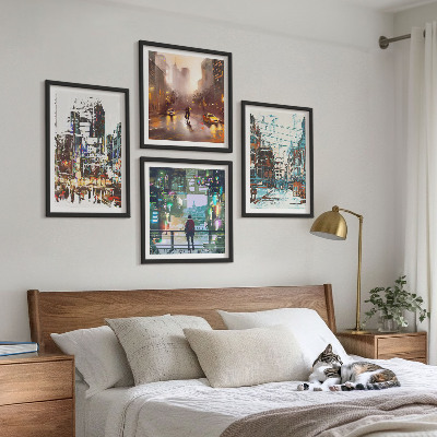 Set of 4 wall art pieces Modern colorful cities with characters