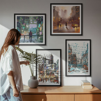 Set of 4 wall art pieces Modern colorful cities with characters