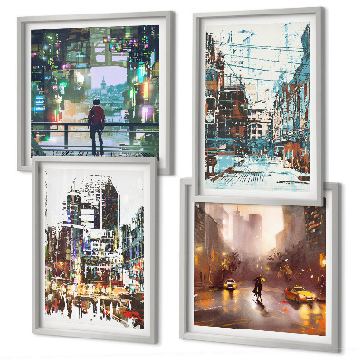 Set of 4 wall art pieces Modern colorful cities with characters