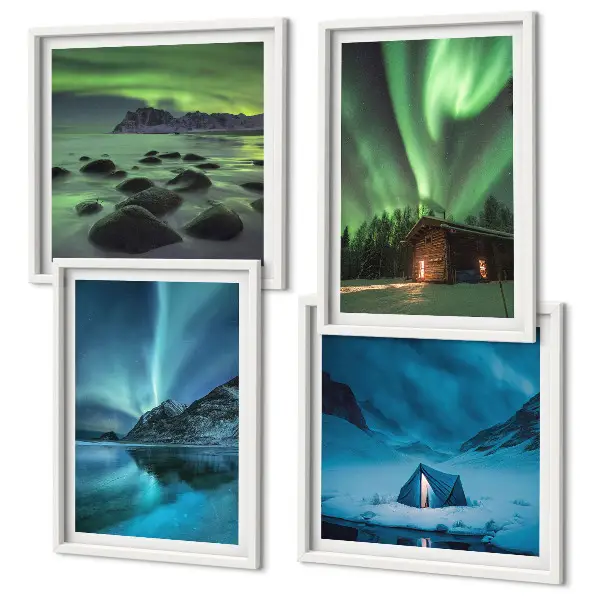 Wall art set winter landscapes featuring aurora and mountains