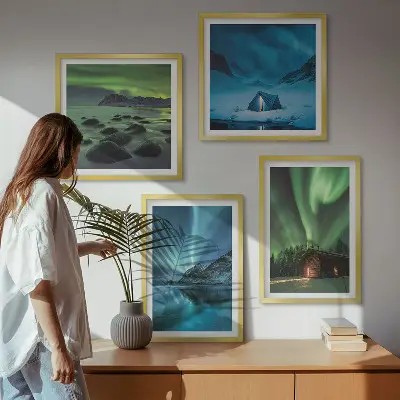 Wall art set winter landscapes featuring aurora and mountains