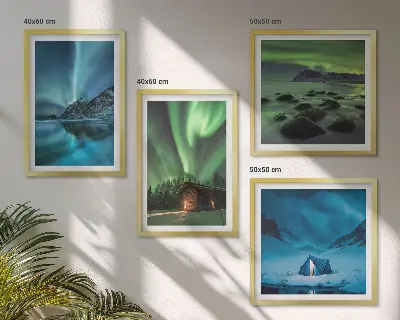 Wall art set winter landscapes featuring aurora and mountains