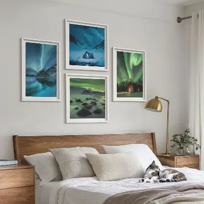 Wall art set winter landscapes featuring aurora and mountains