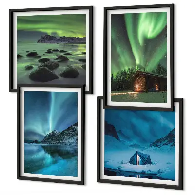 Wall art set winter landscapes featuring aurora and mountains