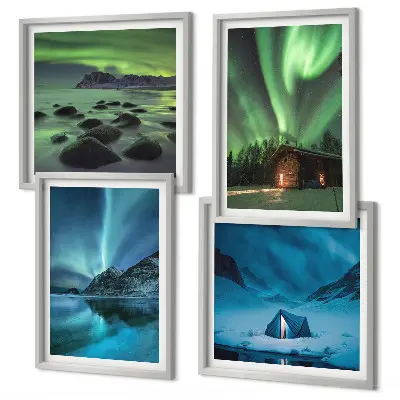 Wall art set winter landscapes featuring aurora and mountains