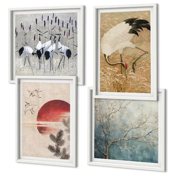 Japanese cranes landscape wall art set of 4 pieces