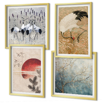 Set of 4 wall art pieces Japanese cranes landscape