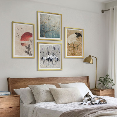 Set of 4 wall art pieces Japanese cranes landscape