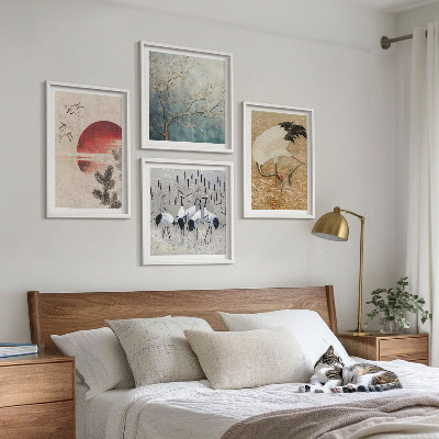 Set of 4 wall art pieces Japanese cranes landscape