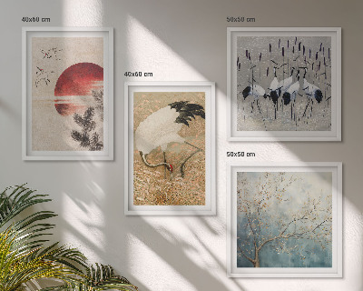 Set of 4 wall art pieces Japanese cranes landscape
